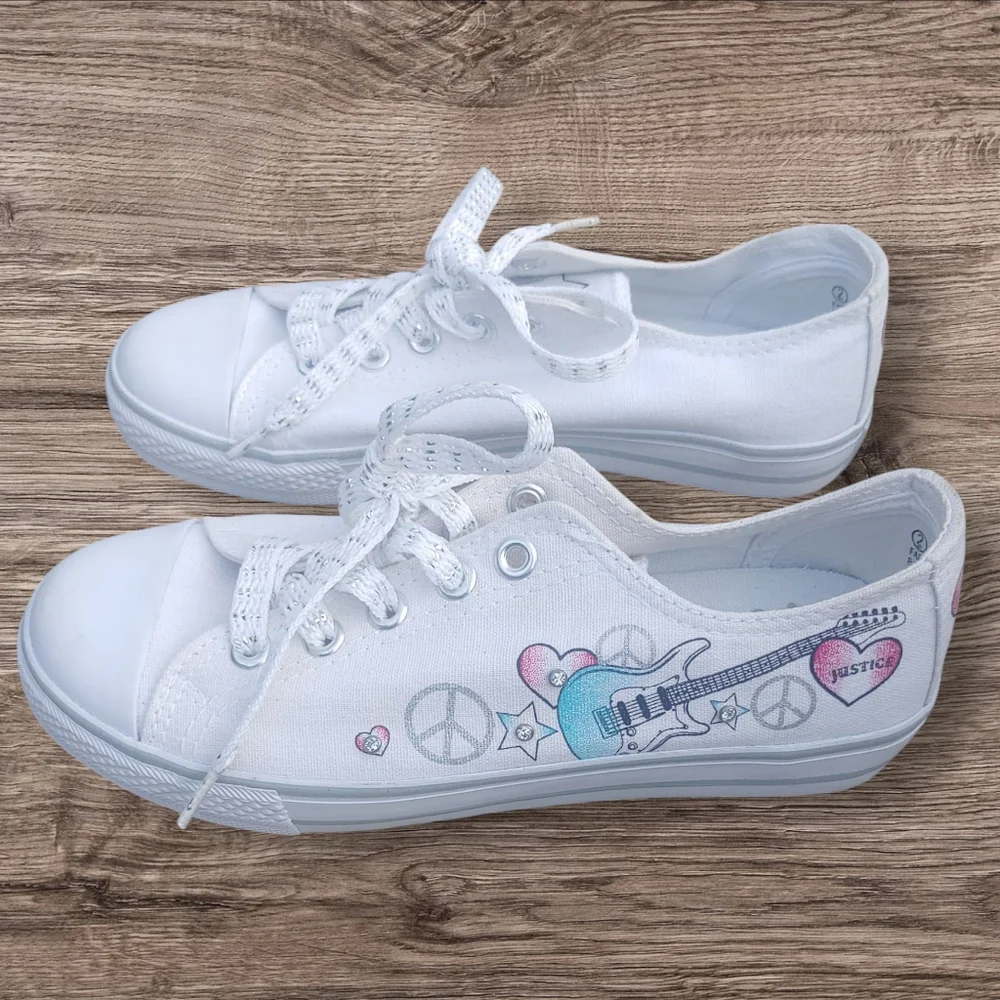 Justice Size 2 White and Pink Kids Shoes with Guitar Design
